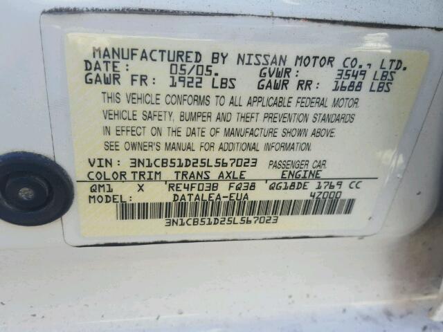 3N1CB51D25L567023 - 2005 NISSAN SENTRA 1.8 WHITE photo 10