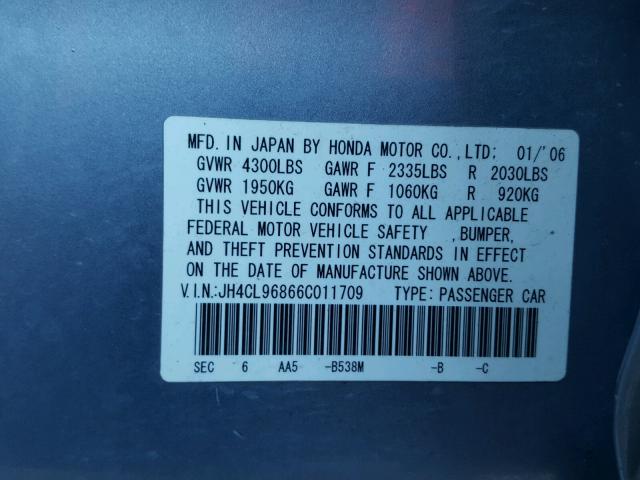 JH4CL96866C011709 - 2006 ACURA TSX BLUE photo 10