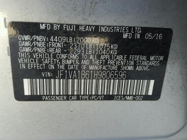 JF1VA1B61H9806596 - 2017 SUBARU WRX SILVER photo 10