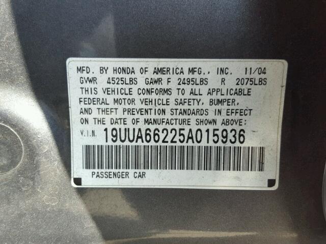 19UUA66225A015936 - 2005 ACURA TL GRAY photo 10