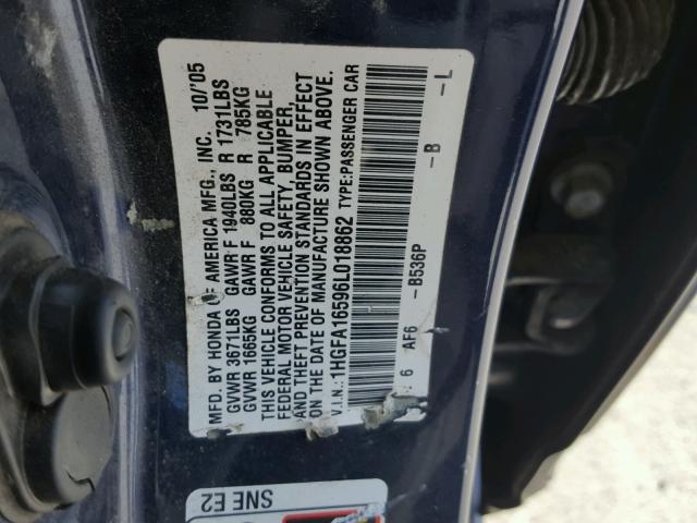 1HGFA16596L018862 - 2006 HONDA CIVIC LX BLUE photo 10