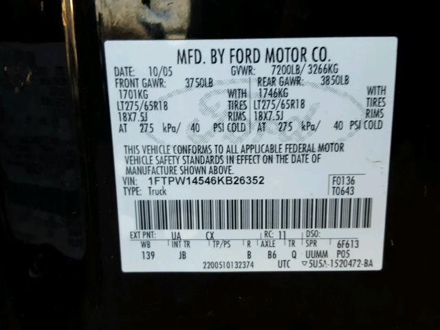 1FTPW14546KB26352 - 2006 FORD F150 SUPER BLACK photo 10