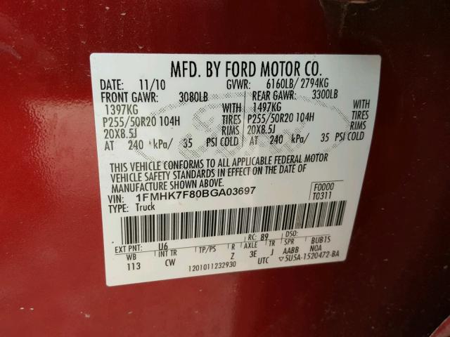 1FMHK7F80BGA03697 - 2011 FORD EXPLORER L RED photo 10