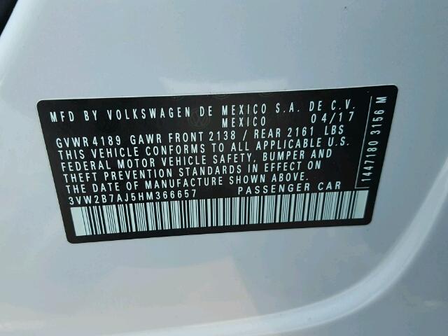 3VW2B7AJ5HM366657 - 2017 VOLKSWAGEN JETTA S 白色 照片 10