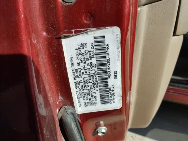 4T1BG22KXWU328120 - 1998 TOYOTA CAMRY CE RED photo 10