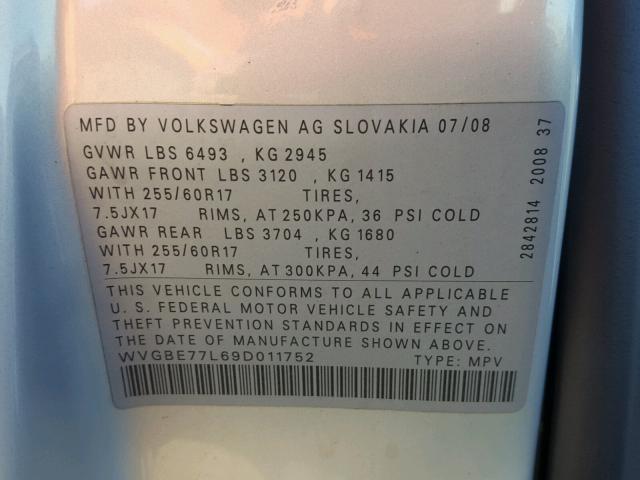 WVGBE77L69D011752 - 2009 VOLKSWAGEN TOUAREG 2 SILVER photo 10