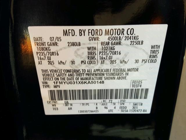 1FMYU031X6KA50148 - 2006 FORD ESCAPE XLT BLACK photo 10