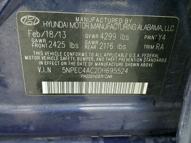 5NPEC4AC2DH695524 - 2013 HYUNDAI SONATA SE BLUE photo 10