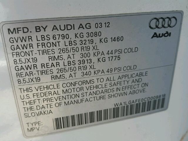 WA1LGAFE0CD008818 - 2012 AUDI Q7 PREMIUM WHITE photo 10