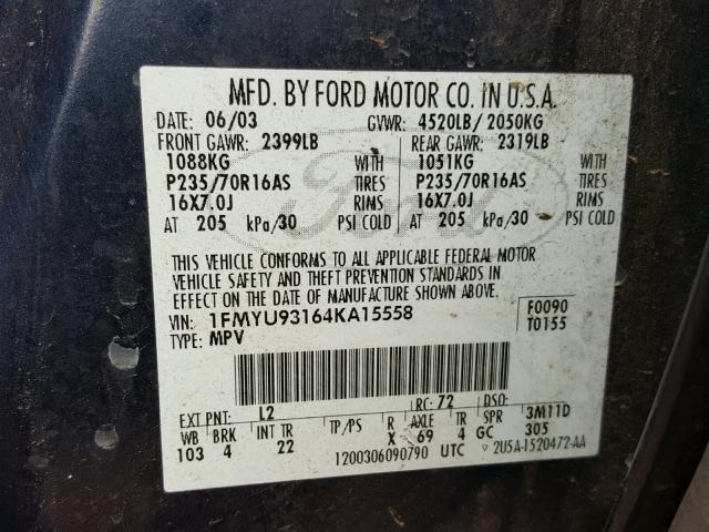 1FMYU93164KA15558 - 2004 FORD ESCAPE XLT BLUE photo 10