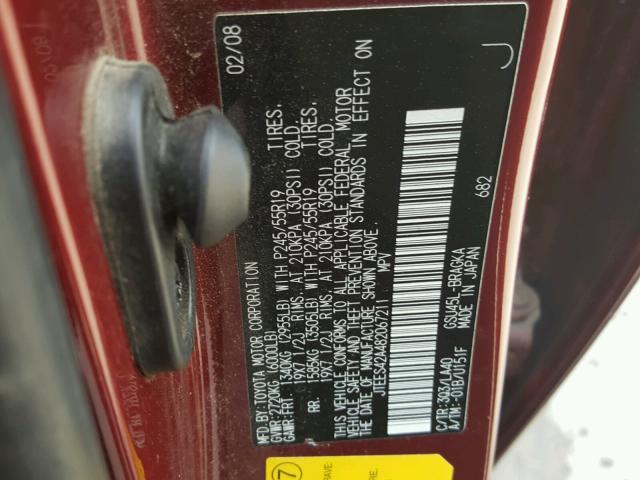 JTEES42A482067211 - 2008 TOYOTA HIGHLANDER MAROON photo 10