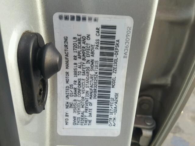 1NXBR32E25Z471815 - 2005 TOYOTA COROLLA SILVER photo 10