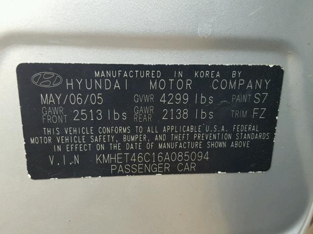 KMHET46C16A085094 - 2006 HYUNDAI SONATA GL GRAY photo 10