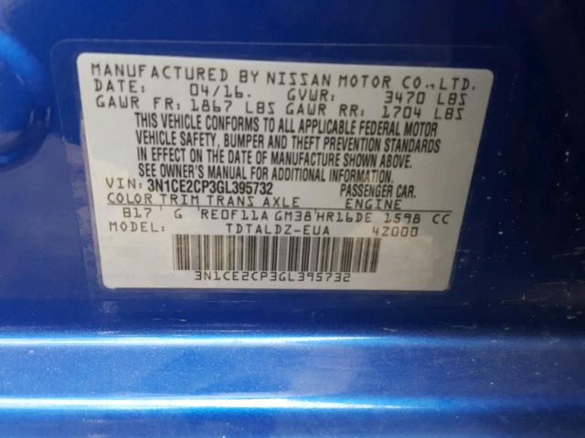 3N1CE2CP3GL395732 - 2016 NISSAN VERSA NOTE BLUE photo 10