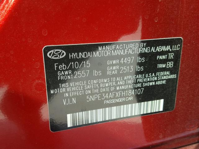 5NPE34AFXFH184107 - 2015 HYUNDAI SONATA SPO RED photo 10