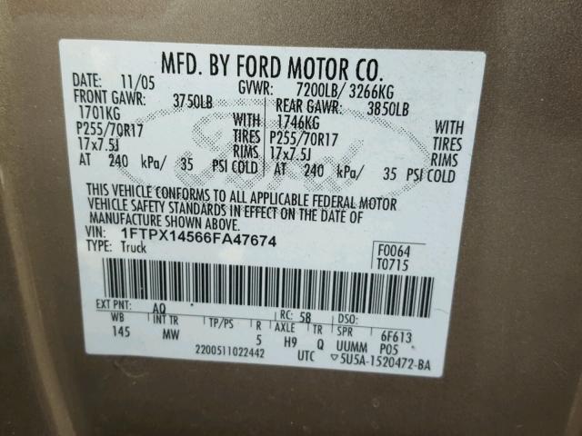 1FTPX14566FA47674 - 2006 FORD F150 TAN photo 10