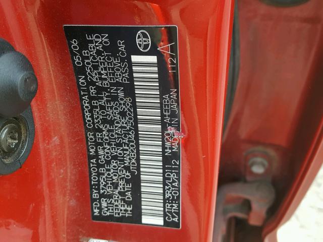 JTDKB20U467502298 - 2006 TOYOTA PRIUS RED photo 10