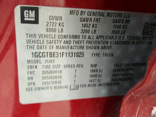 1GCGTBE31F1131025 - 2015 CHEVROLET COLORADO L RED photo 10