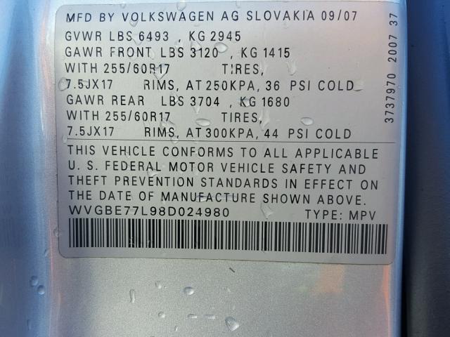 WVGBE77L98D024980 - 2008 VOLKSWAGEN TOUAREG 2 SILVER photo 10