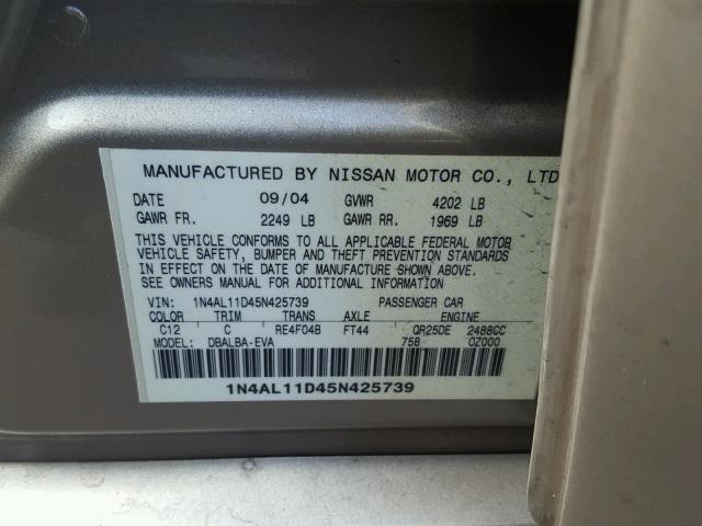 1N4AL11D45N425739 - 2005 NISSAN ALTIMA S GOLD photo 10