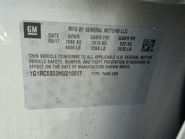 1G1RC6S53HU210017 - 2017 CHEVROLET VOLT LT SILVER photo 10