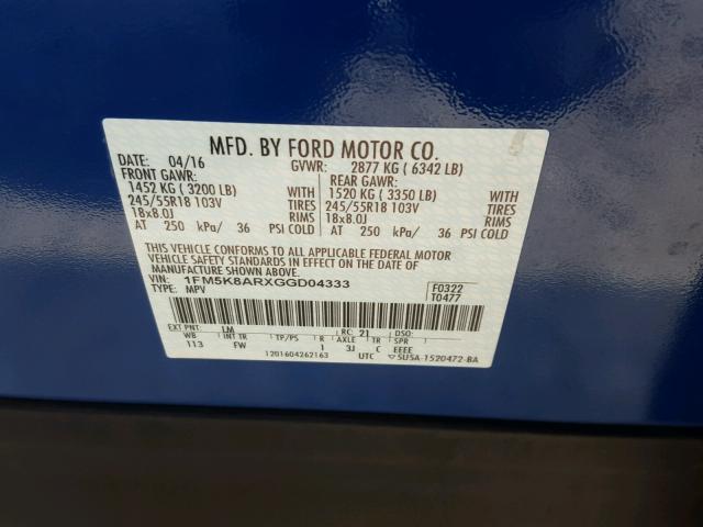 1FM5K8ARXGGD04333 - 2016 FORD EXPLORER P BLUE photo 10