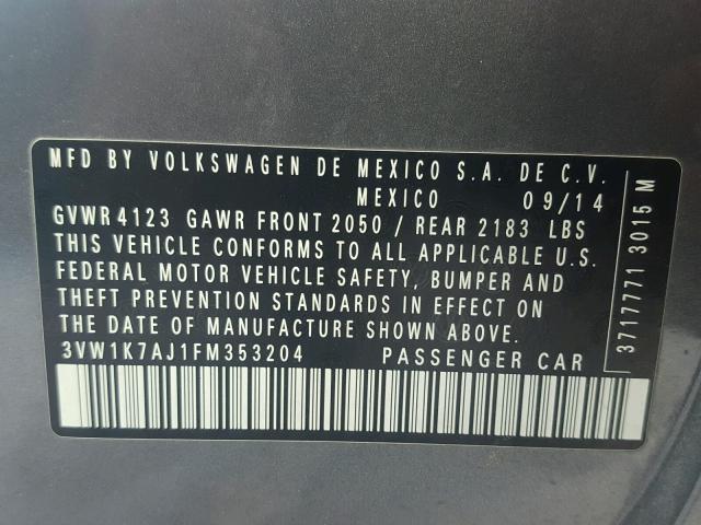 3VW1K7AJ1FM353204 - 2015 VOLKSWAGEN JETTA BASE 灰色 照片 10