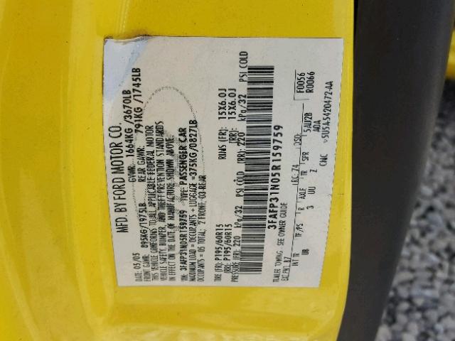 3FAFP31N05R159759 - 2005 FORD FOCUS ZX3 YELLOW photo 10