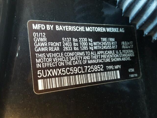 5UXWX5C59CL725852 - 2012 BMW X3 XDRIVE2 BLACK photo 10