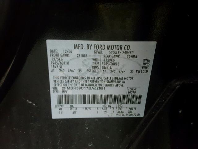 2FMDK39C17BA52851 - 2007 FORD EDGE SEL P BLACK photo 10