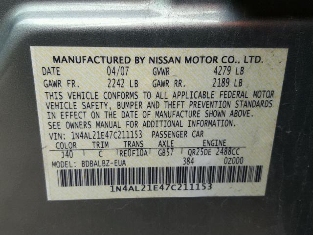 1N4AL21E47C211153 - 2007 NISSAN ALTIMA 2.5 GREEN photo 10