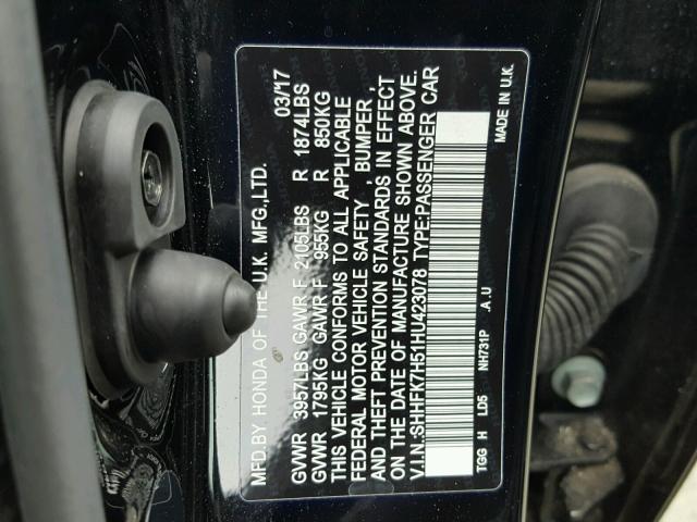 SHHFK7H51HU423078 - 2017 HONDA CIVIC EX შავი ფოტო 10