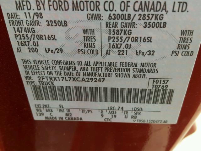 2FTRX17L7XCA29247 - 1999 FORD F150 MAROON photo 10