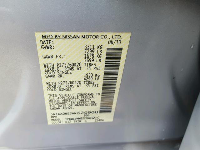 5N1AA0NE3AN620900 - 2010 NISSAN ARMADA PLA SILVER photo 10