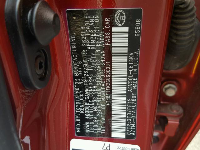 4T1BF1FK2GU600331 - 2016 TOYOTA CAMRY LE RED photo 10