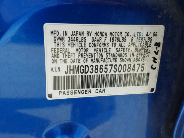 JHMGD38657S008475 - 2007 HONDA FIT S 蓝色 照片 10