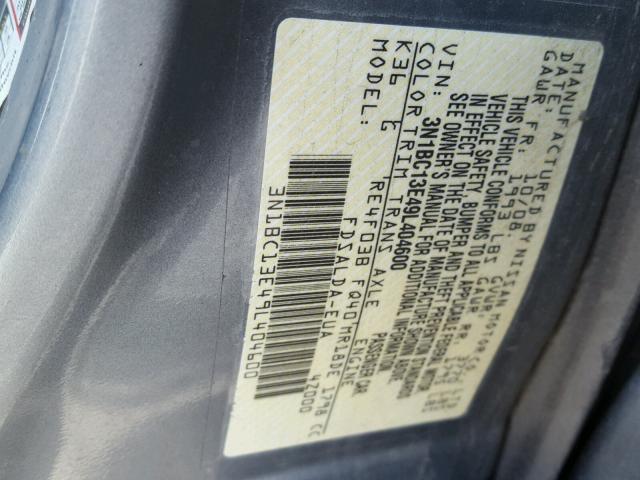 3N1BC13E49L404600 - 2009 NISSAN VERSA S GRAY photo 10