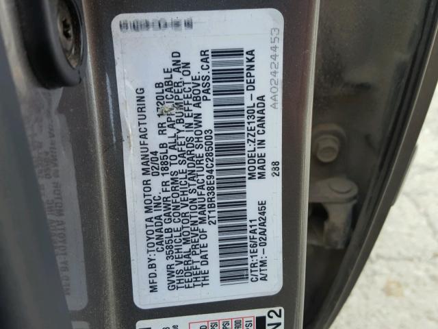 2T1BR38E94C285003 - 2004 TOYOTA COROLLA CE GRAY photo 10