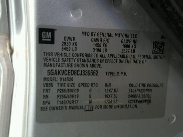 5GAKVCED8CJ339662 - 2012 BUICK ENCLAVE SILVER photo 10