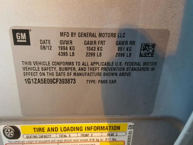 1G1ZA5E09CF393873 - 2012 CHEVROLET MALIBU LS ვერცხლისფერი ფოტო 10