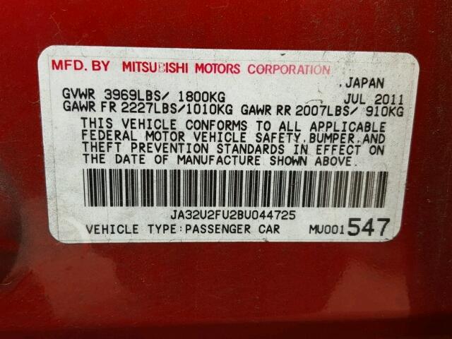 JA32U2FU2BU044725 - 2011 MITSUBISHI LANCER ES/ MAROON photo 10