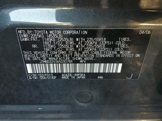 JTMBD32V365030788 - 2006 TOYOTA RAV4 SPORT CHARCOAL photo 10