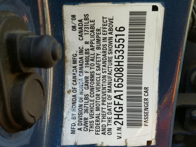 2HGFA16508H535516 - 2008 HONDA CIVIC LX BLUE photo 10