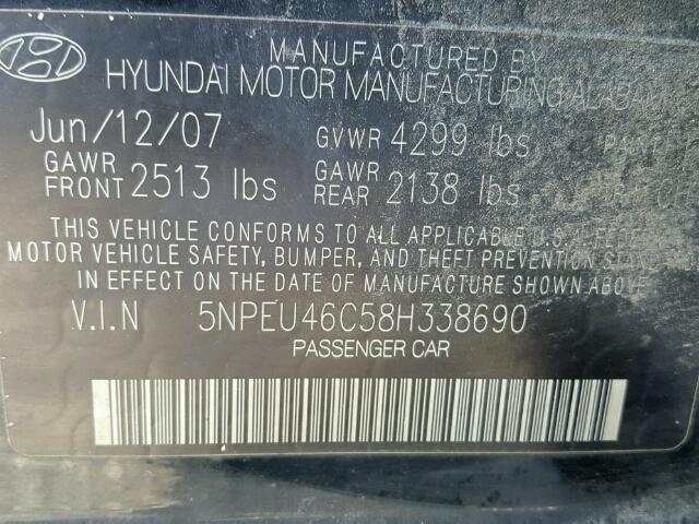 5NPEU46C58H338690 - 2008 HYUNDAI SONATA SE BLACK photo 10