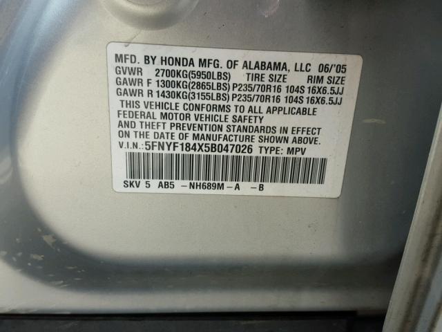 5FNYF184X5B047026 - 2005 HONDA PILOT EX SILVER photo 10