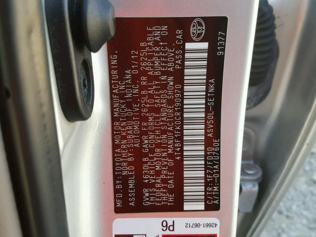 4T4BF1FK0CR190970 - 2012 TOYOTA CAMRY BASE SILVER photo 10