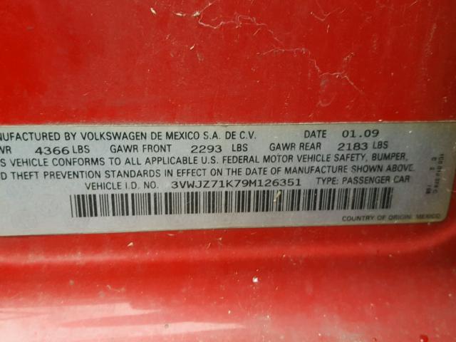 3VWJZ71K79M126351 - 2009 VOLKSWAGEN JETTA S 红色 照片 10