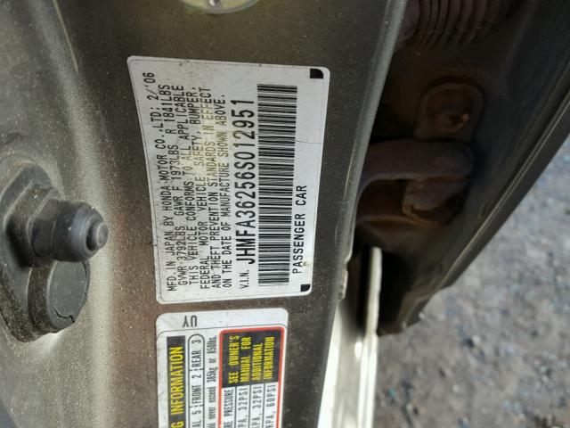 JHMFA36256S012951 - 2006 HONDA CIVIC HYBR GRAY photo 10