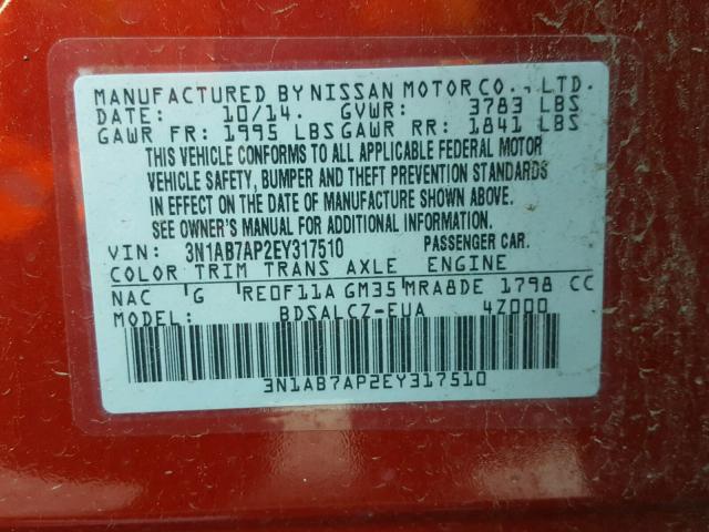 3N1AB7AP2EY317510 - 2014 NISSAN SENTRA S RED photo 10