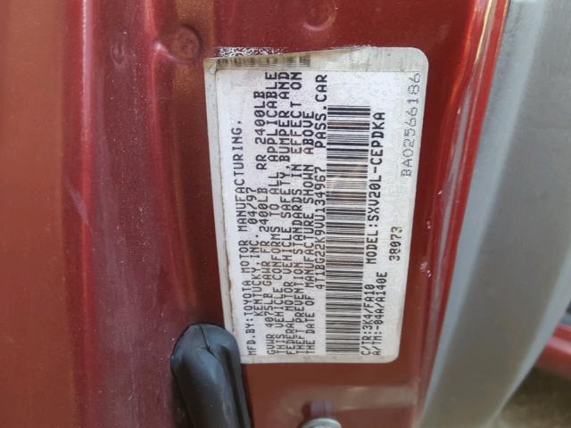 4T1BG22K9VU134967 - 1997 TOYOTA CAMRY CE RED photo 10